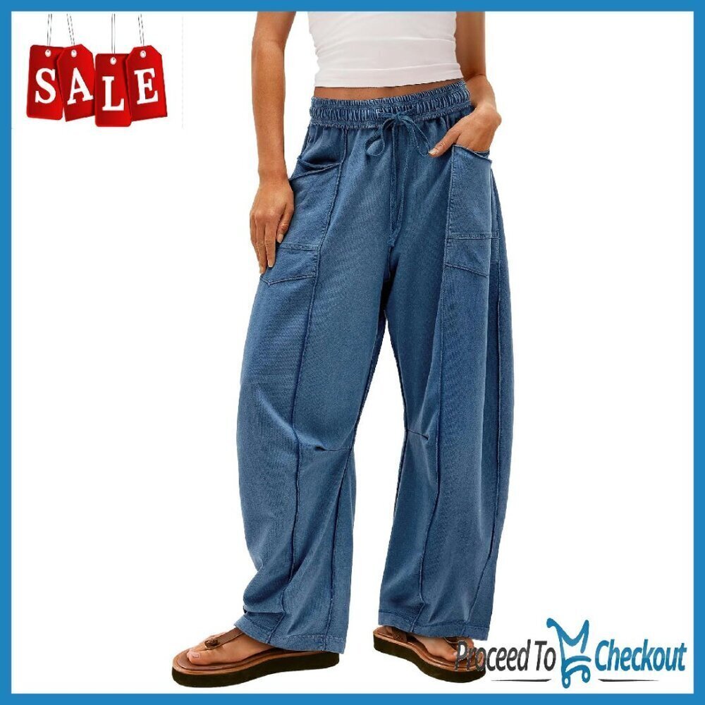 Wide Leg Palazzo Pants Drawstring Waist Barrel Sweatpants with Pockets
